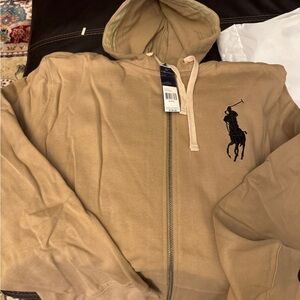 Ralph Lauren Tan Zip Hoodie with Black Polo Player Logo